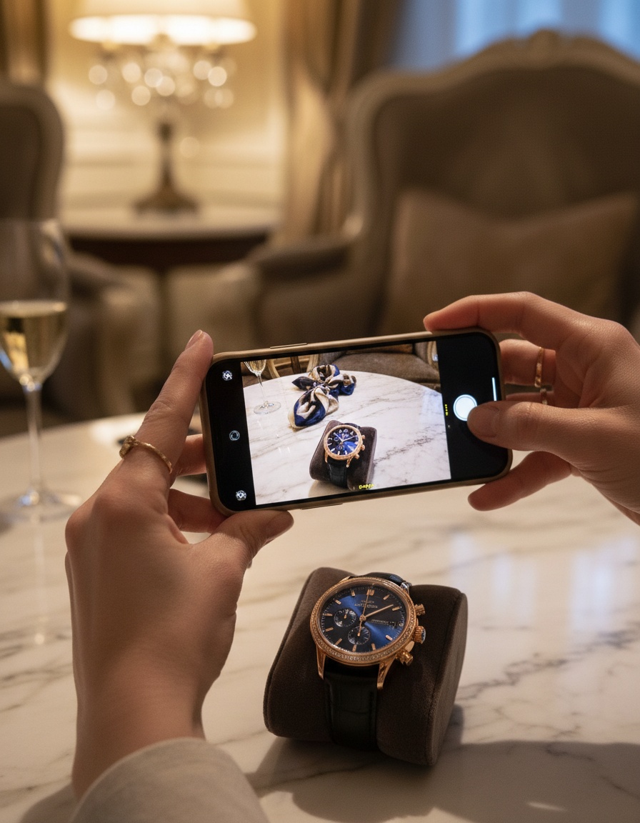Personne photographiant une montre de luxe pour évaluation
